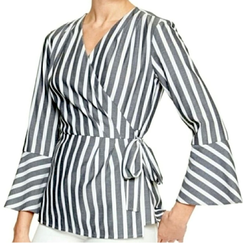 Banana Republic Blouse Wrap Grey White Striped Peplum Bell Sleeve Large